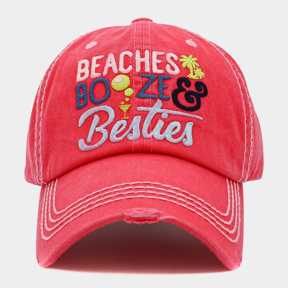 Pink Beaches booze besties distressed patchwork baseball fashion hat